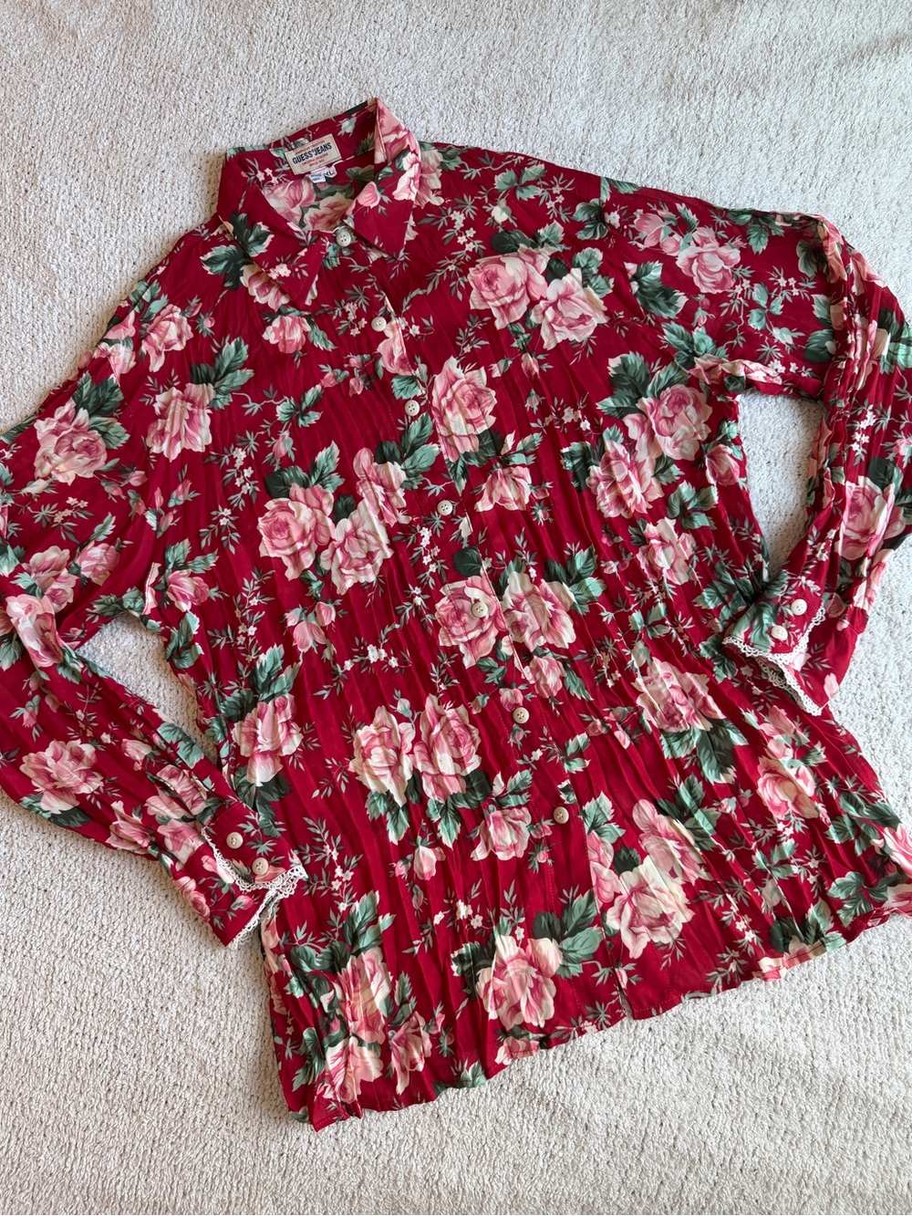 Vintage Guess Floral Button-Down Shirt Red with Pink Roses XL 90s